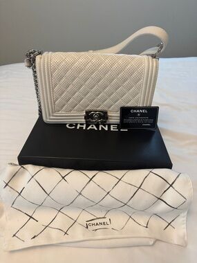 CHANEL Cream Perorated Leather Old Medium Boy Bag with Silver Hardware